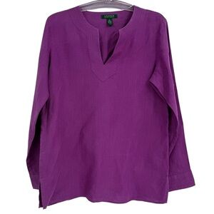 LAUREN RALPH LAUREN Tunic 100% Linen Top Womens Purple Roll Tab Size Medium